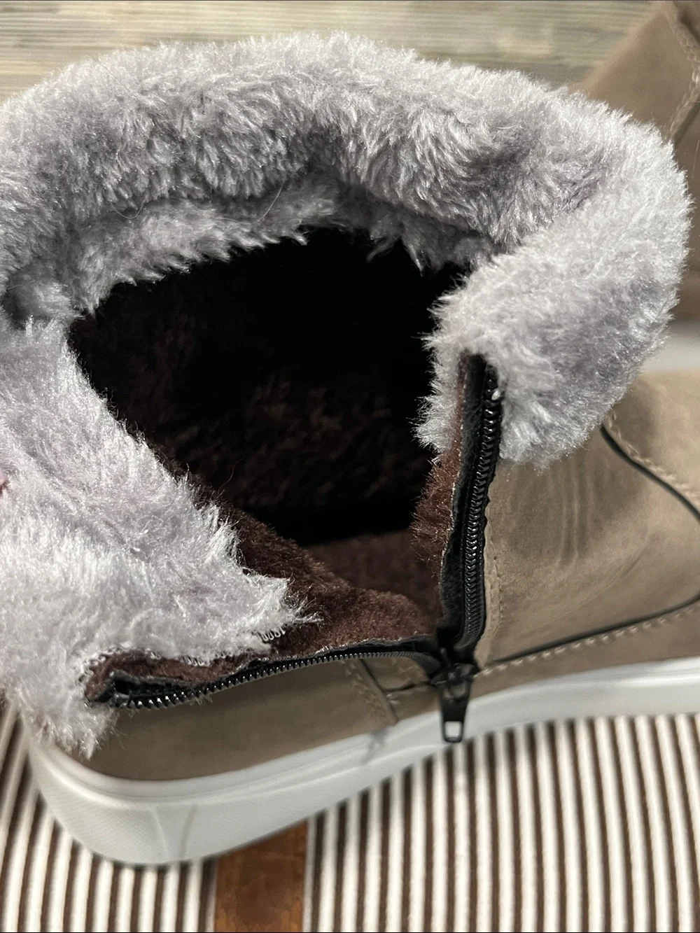 Source Unknown Taupe Suede Ankle Boots with Gray Faux Fur Cuff and White Sole
